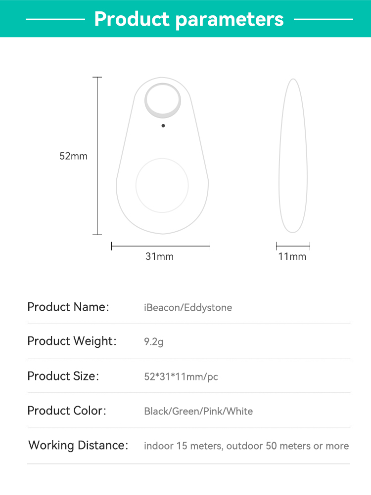 iBeacon/Eddystone/BLE4.2,JW1404,52*31*11mm/pc,White/Black/Green/Pink