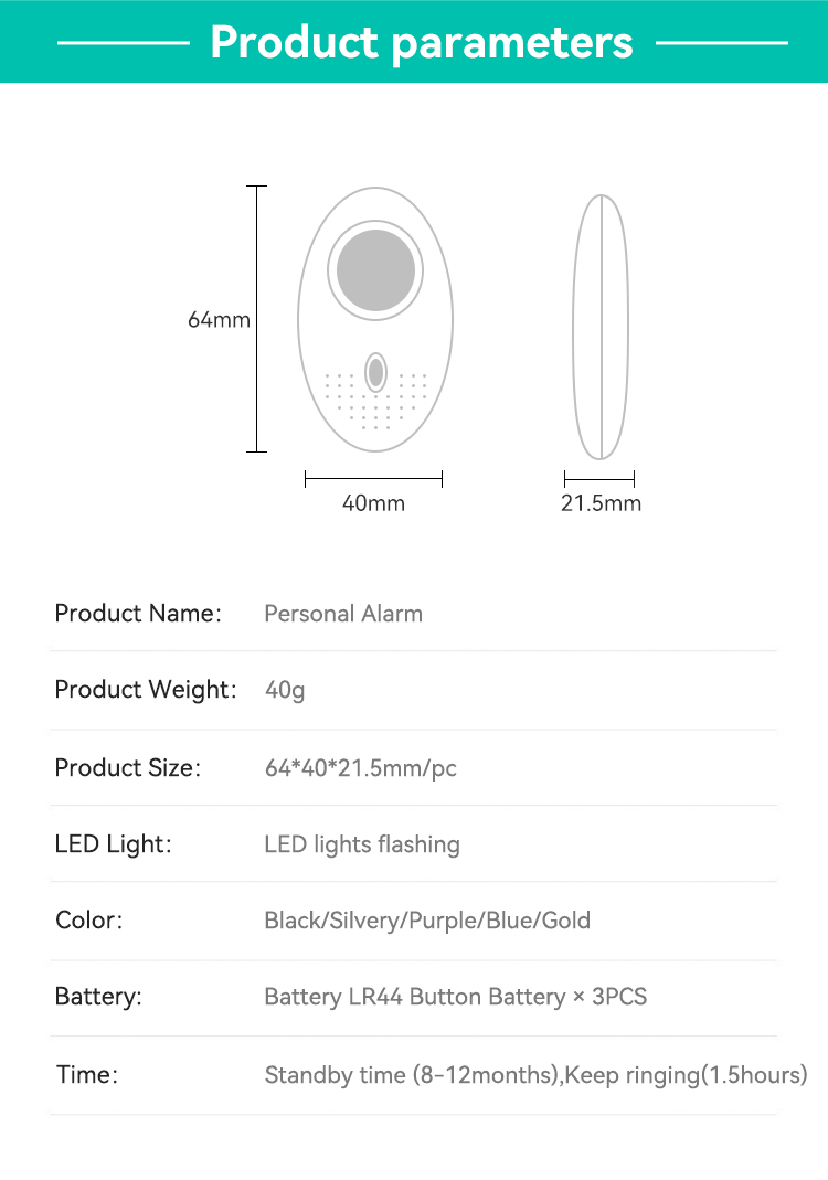 Personal Alarm,JW1509,64x40x21.5mm,Black/White/Blue/Purple/Golden