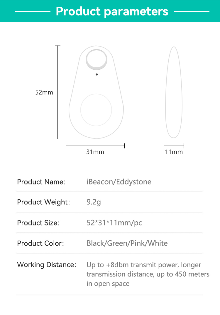[HOT] iBeacon/Eddystone(BLE5.0),JW1404BV118,BLE5.0, 52*31*11mm/pc,White/Black/Green/Pink